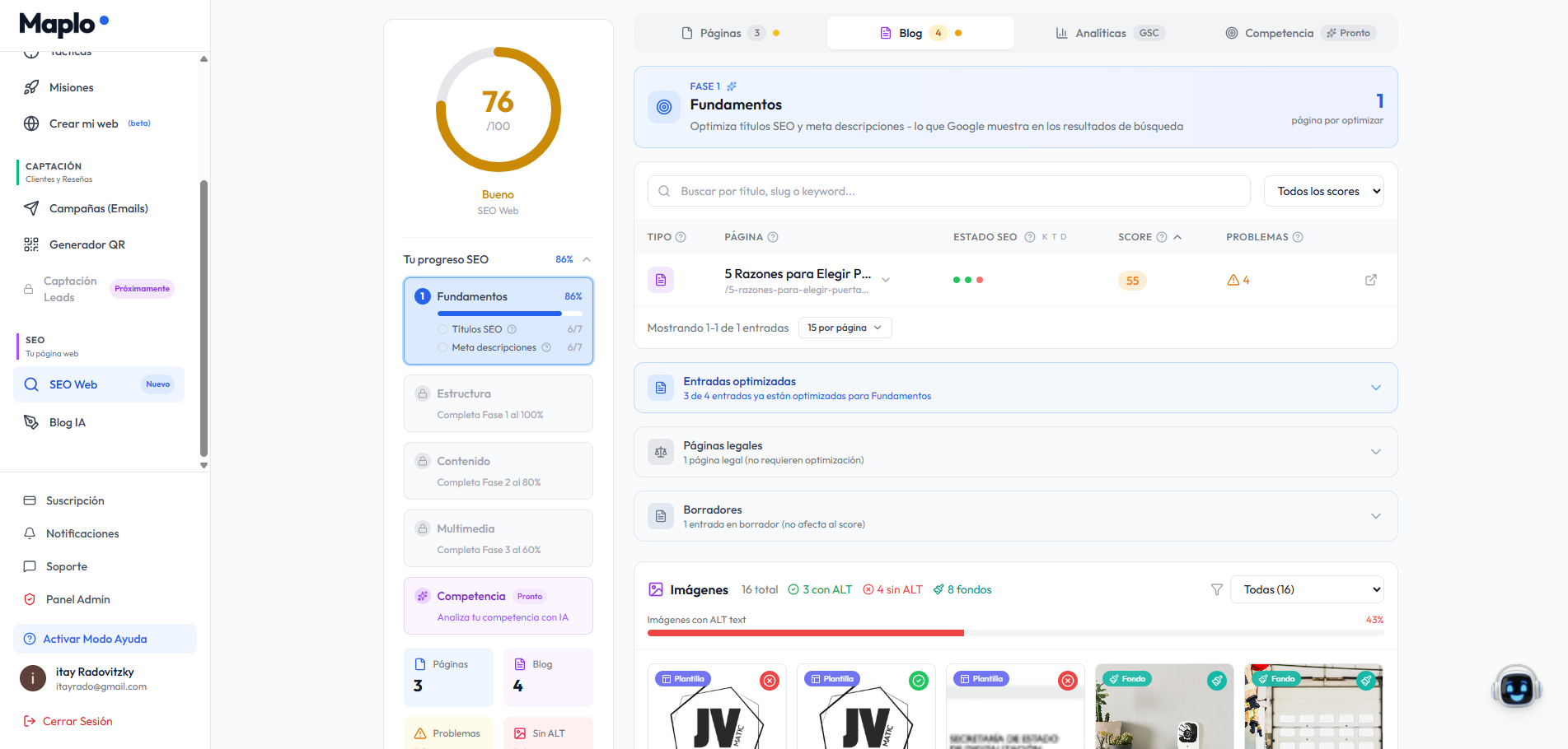 Panel de Maplo SEO Web para WordPress — análisis SEO automático con score 76, fase Fundamentos activa y lista de páginas con issues detectados